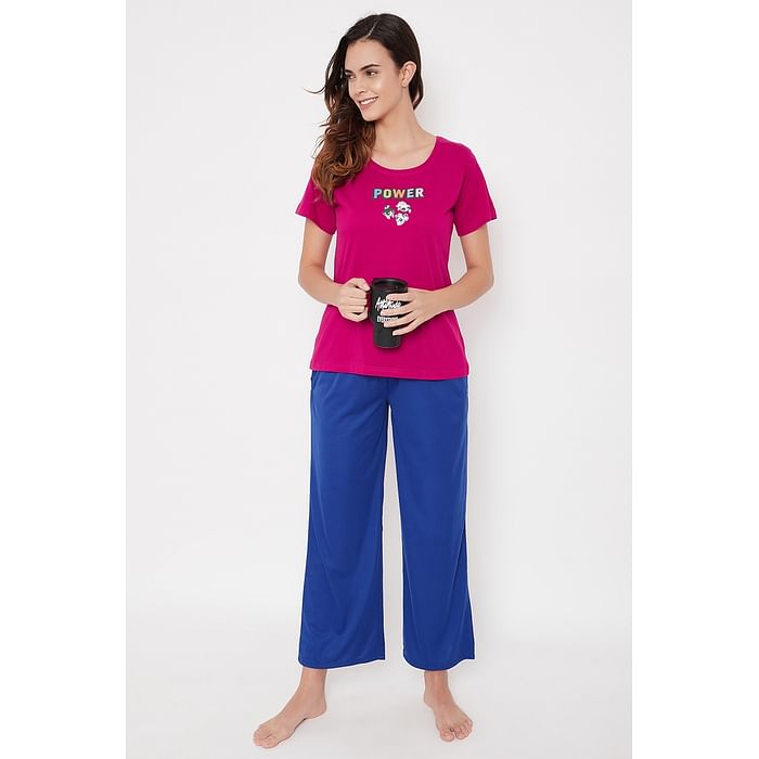 

Clovia Powerpuff Girls Print Top in Dark Pink & Chic Basic Pyjama in Blue - 100% Cotton - LSC145Q14