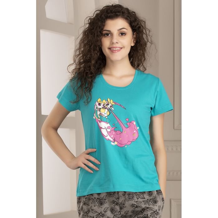 

Clovia Powerpuff Girls Print Top in Teal Green - Cotton Rich - LT0124A17, Dark green