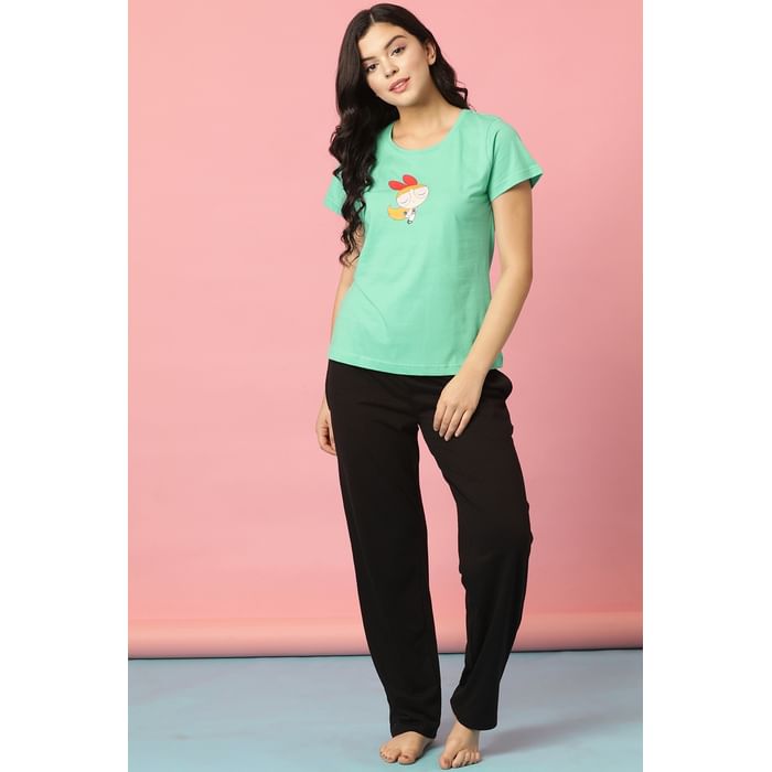 

Clovia Powerpuff Girls Print Top in Mint Green & Pyjama in Black- 100% Cotton - LSC145P11