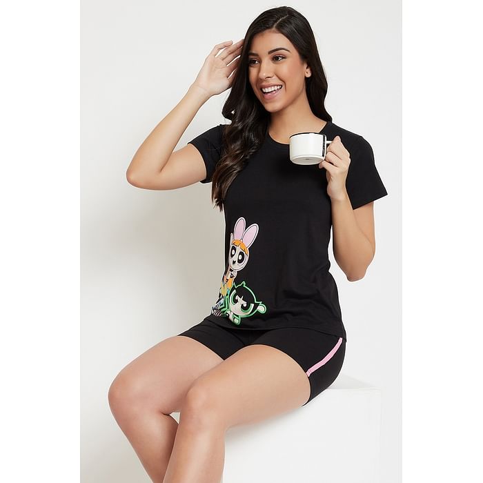 

Clovia Powerpuff Girls Print Top & Shorts Set in Black - 100% Cotton - LS0427P13