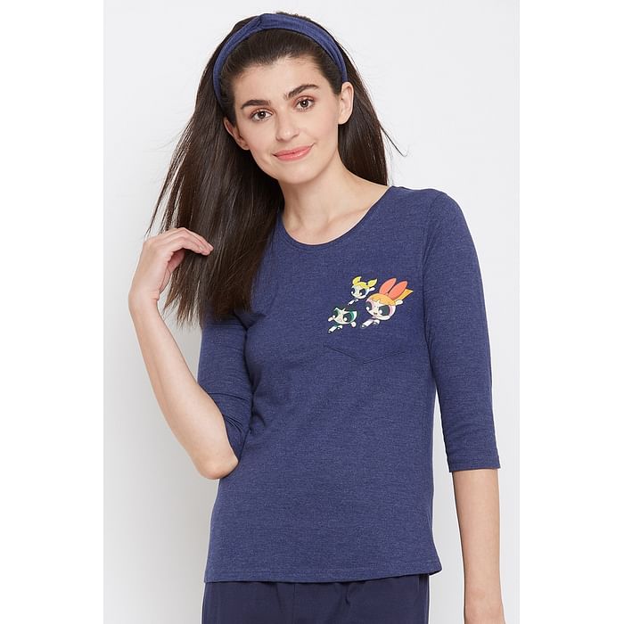 

Clovia Powerpuff Print T-shirt in Navy Melange with Knotted Hairband - Cotton Rich - LT0150P08