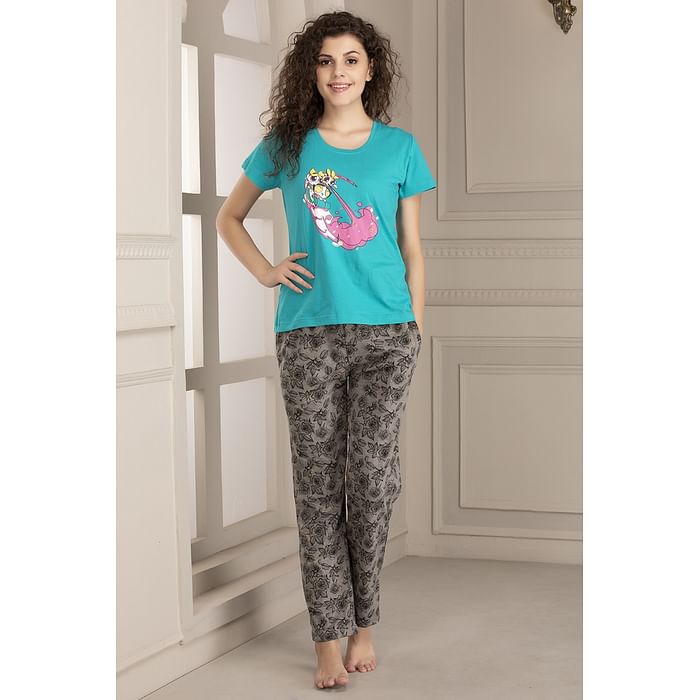 

Clovia Powerpuff Top & Pyjama Set in Green & Grey - Cotton Rich - LSC124A17, Dark green