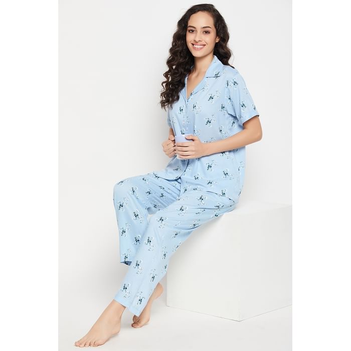 

Clovia Pretty Floral Button Down Shirt & Pyjama Set in Blue - Rayon - LS0385E03, Light blue