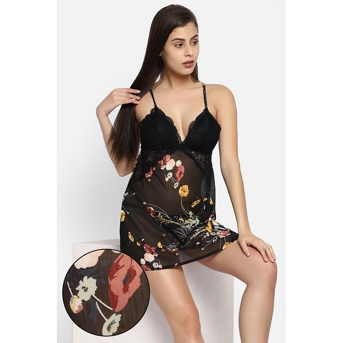 

Clovia Pretty Florals Sheer Padded Babydoll in Black - Lace & Georgette - NS1431R13