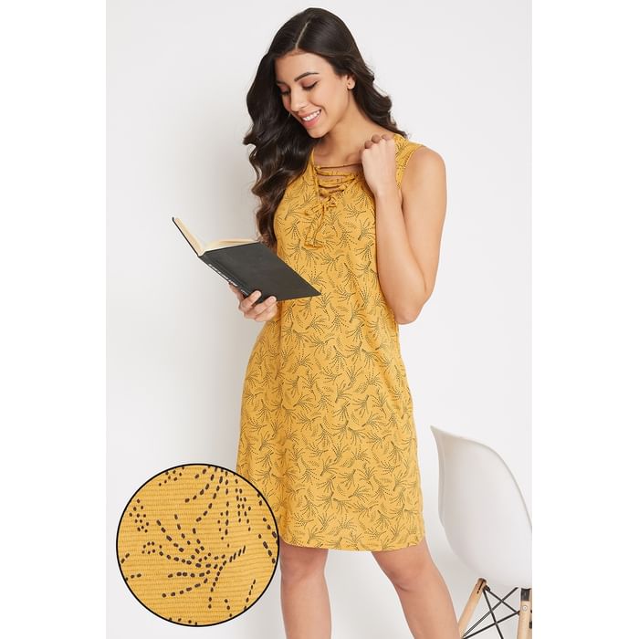 

Clovia Print Me Pretty Short Night Dress in Mustard - Cotton Rich - NS0976A07