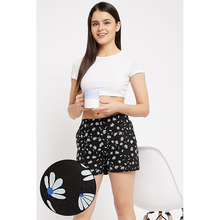 

Clovia Pretty Florals Boxer Shorts in Black - 100% Cotton - LB0174G13