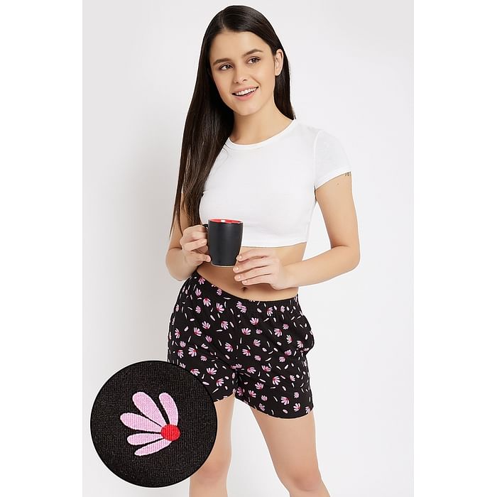 

Clovia Pretty Florals Boxer Shorts in Black - 100% Cotton - LB0174E13
