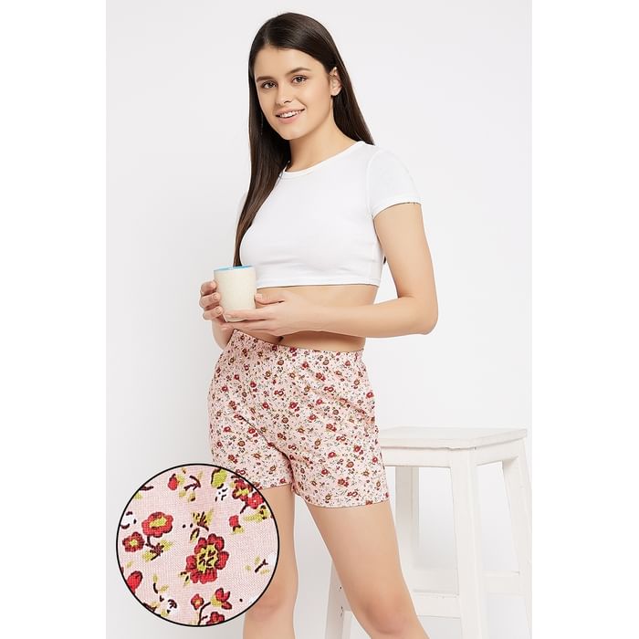 

Clovia Pretty Florals Boxer Shorts in Nude - 100% Cotton - LB0174D24, Nude-colour