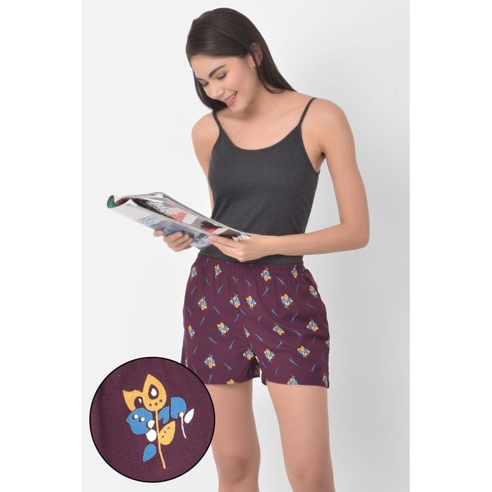 

Clovia Pretty Florals Boxer Shorts in Purple - 100% Cotton - LB0194P15