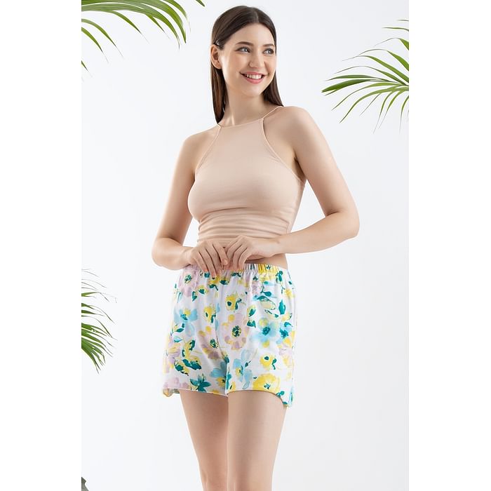 

Clovia Pretty Florals Boxer Shorts in White - 100% Cotton - LB0174J18