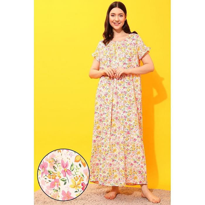 

Clovia Pretty Florals Long Night Dress in White - Rayon - NS1211D18