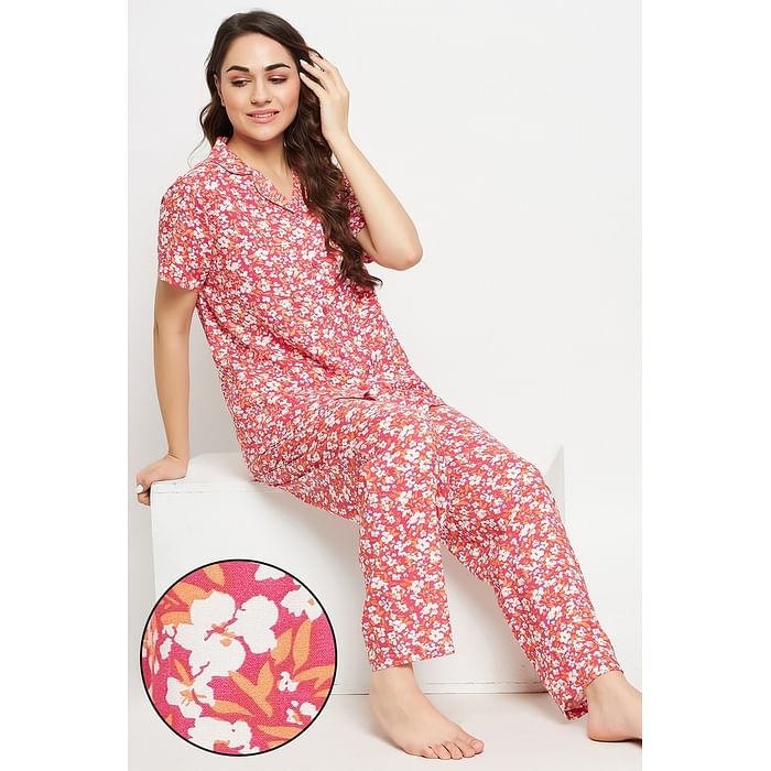 

Clovia Pretty Florals Button Down Shirt & Pyjama Set in Blush Pink - Rayon - LS0385G14