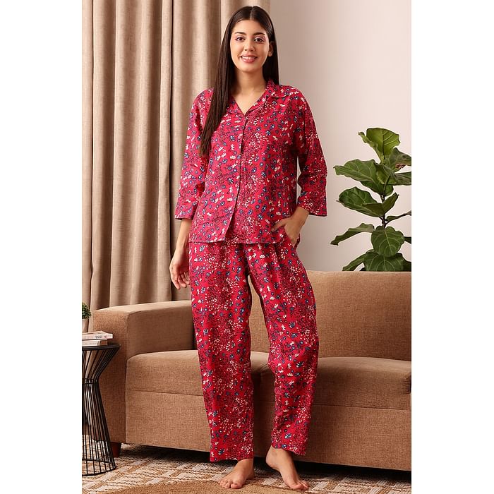 

Clovia Pretty Florals Button Down Shirt & Pyjama Set in Magenta - Rayon - LS0385E14, Pink
