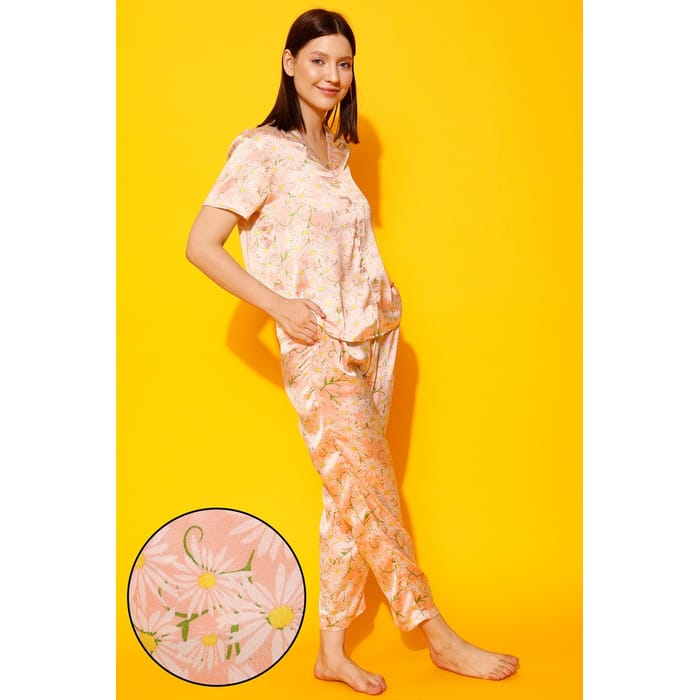 

Clovia Pretty Florals Button Down Shirt & Pyjama Set in Peach Colour - Satin - LS0385A34