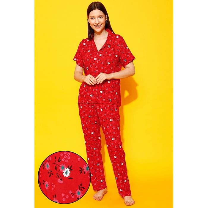 

Clovia Pretty Florals Button Down Shirt & Pyjama Set in Red - Rayon - LS0636D04