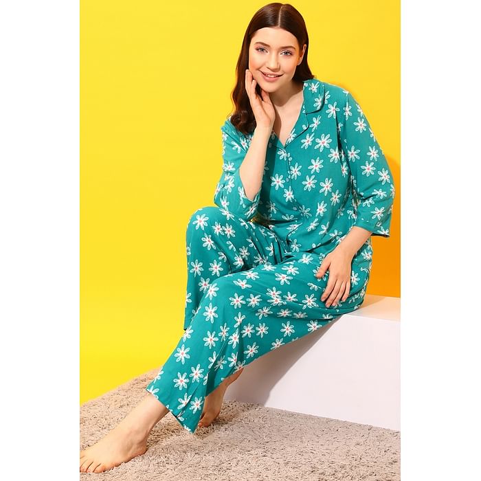 

Clovia Pretty Florals Button Down Shirt & Pyjama Set in Sea Green - 100% Cotton - LS0636D17, Dark green