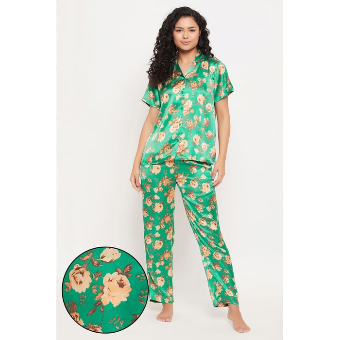 

Clovia Pretty Florals Button Down Shirt & Pyjama Set in Sea Green - Satin - LS0385H17, Dark green