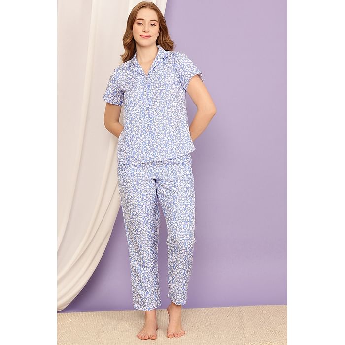 

Clovia Pretty Florals Button Down Shirt & Pyjama Set in Sky Blue - Rayon - LS0636D03, Light blue