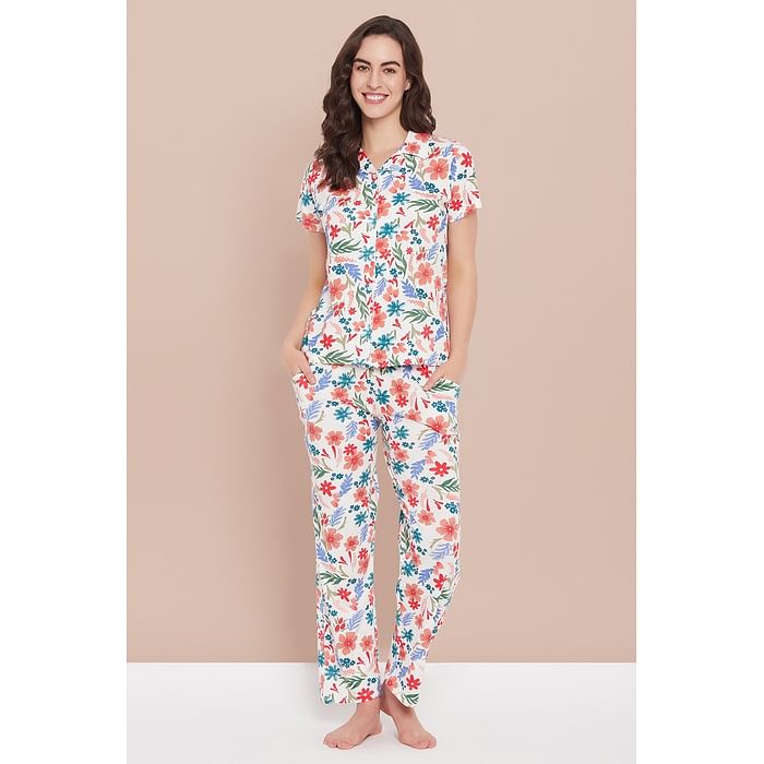 

Clovia Pretty Florals Button Down Shirt & Pyjama Set in White - 100% Cotton - LS0025L18