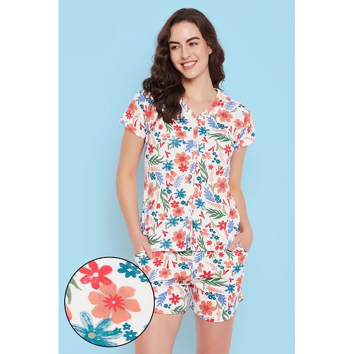 

Clovia Pretty Florals Button Down Shirt & Shorts Set in White - 100% Cotton - LS0703E18