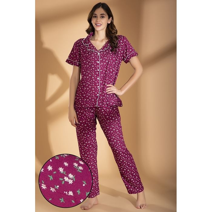 

Clovia Pretty Florals Button Me Up Shirt & Pyjama in Maroon - Rayon - LS0385P09