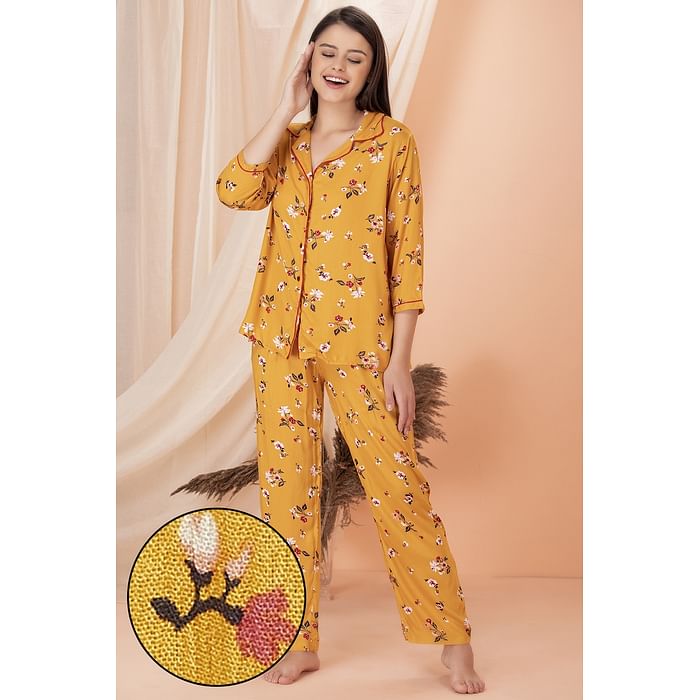 

Clovia Pretty Florals Button Me Up Shirt & Pyjama in Mustard - Crepe - LS0385E07