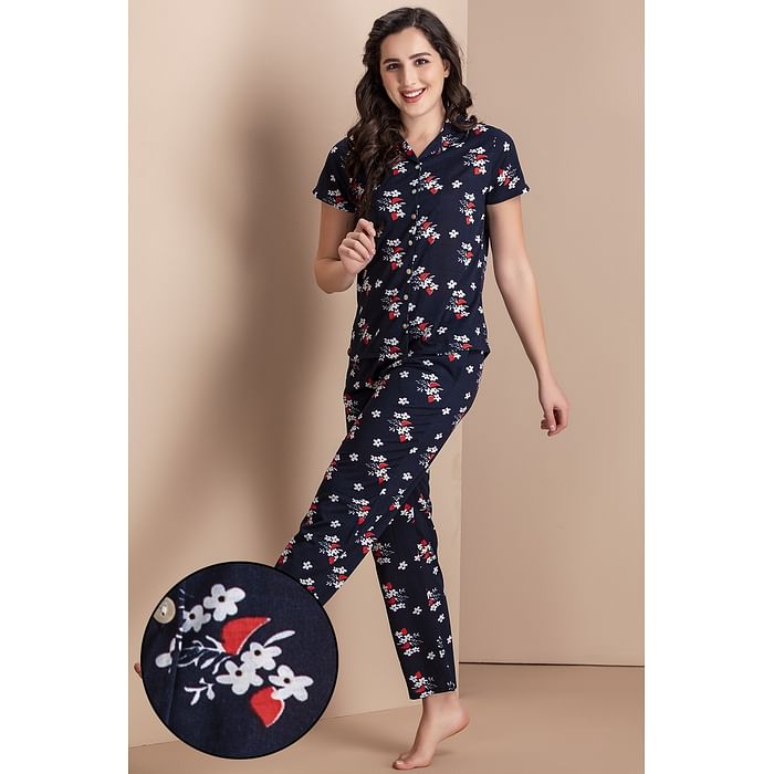 

Clovia Pretty Florals Button Me Up Shirt & Pyjama in Navy - 100% Cotton - LS0025E08
