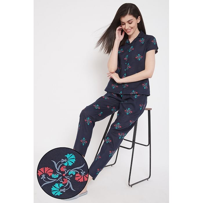 

Clovia Pretty Florals Button Down Shirt & Pyjama in Navy- 100% Cotton - LS0385H08