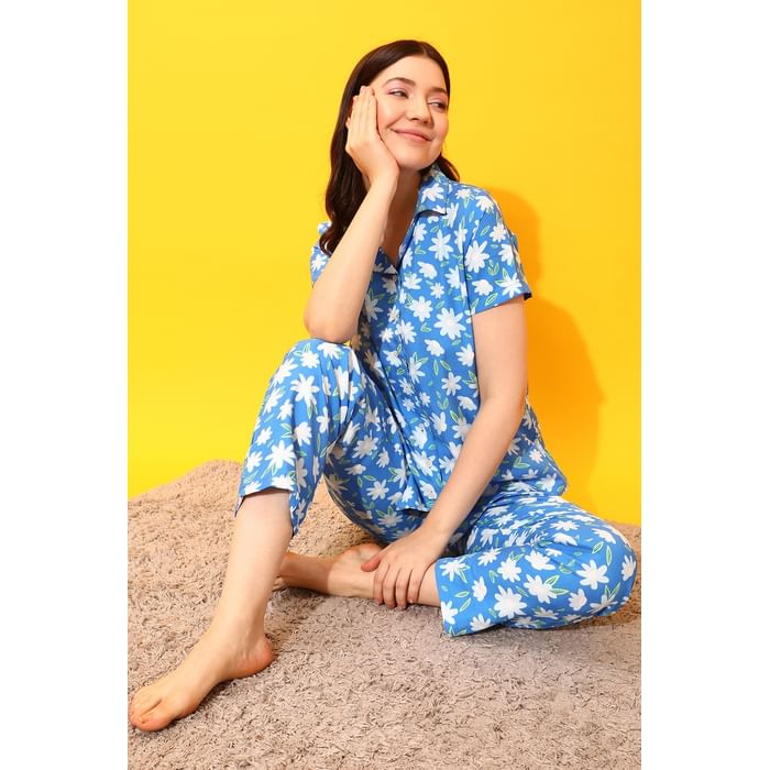 

Clovia Pretty Florals Button Down Shirt & Pyjama Set in Cornflower Blue - Rayon - LS0636P08, Navy