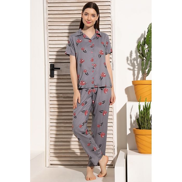 

Clovia Pretty Florals Button Down Shirt & Pyjama Set in Grey - 100% Cotton - LS0385A05, Dark grey