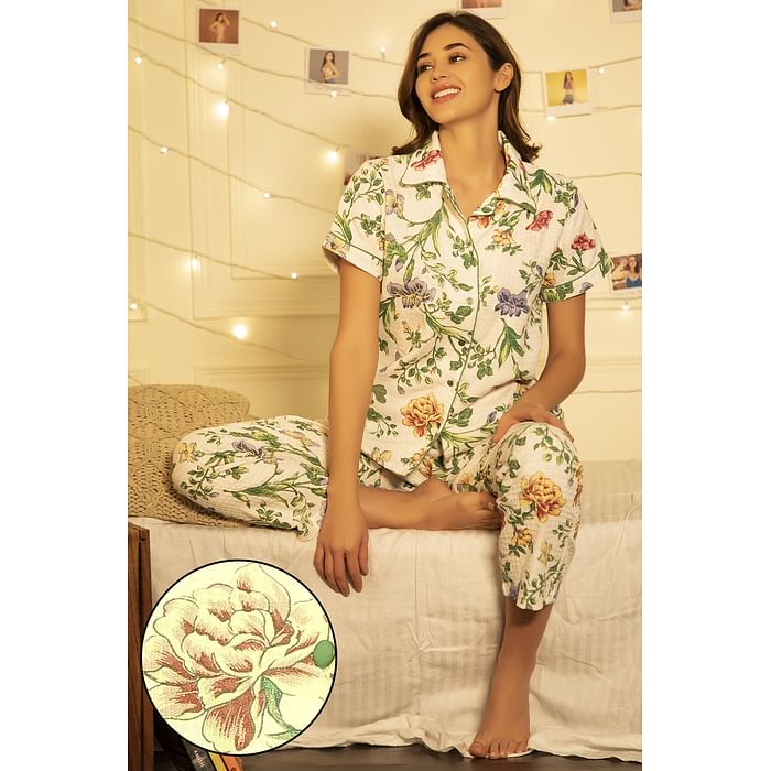 

Clovia Pretty Florals Button Me Up Shirt & Pyjama Set in White - Cotton - LS0385F18