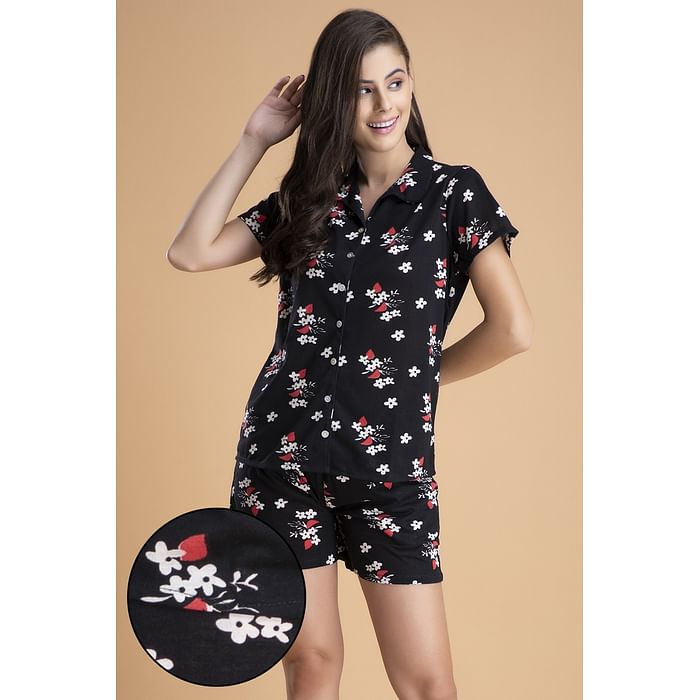 

Clovia Pretty Florals Button Me Up Shirt & Shorts Set in Black - Cotton Rich - LS0094P13