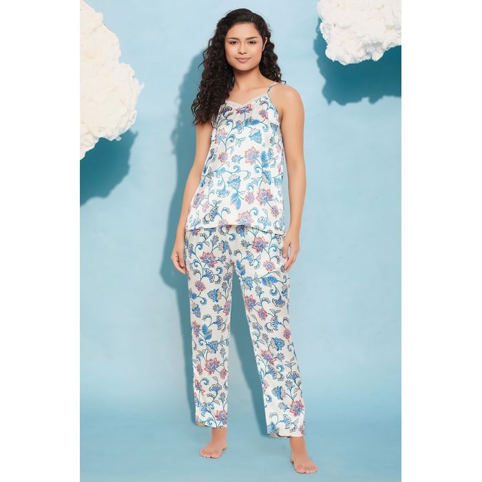 

Clovia Pretty Florals Cami Top & Pyjama Set in White - Satin - LS0560F18