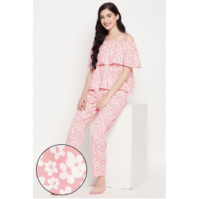 

Clovia Pretty Florals Cold Shoulder Top & Pyjama Set in Salmon Pink - Rayon - LS0623P22, Light pink