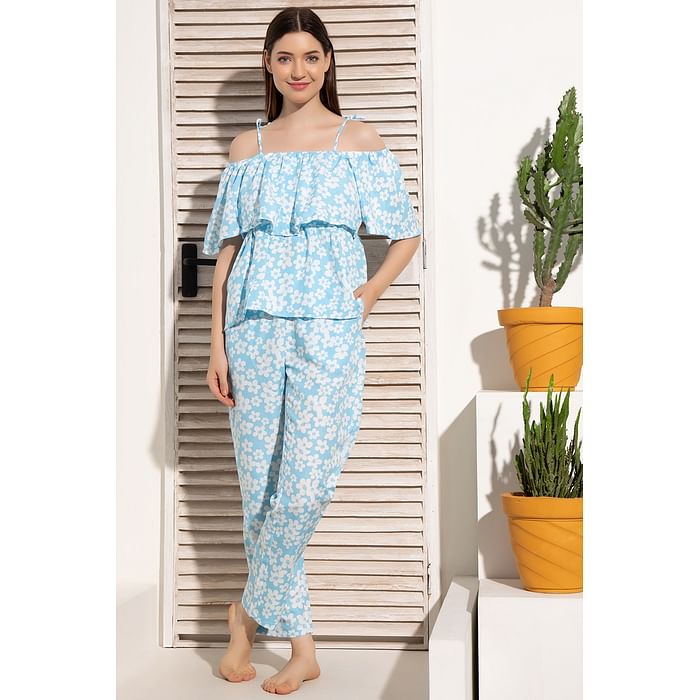 

Clovia Pretty Florals Cold Shoulder Top & Pyjama Set in Sky Blue - Rayon - LS0623P03, Light blue