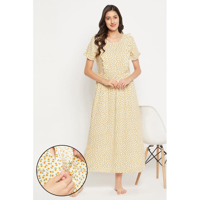 

Clovia Feeding Pretty Florals Long Night Dress in White - Rayon - NS1352P18