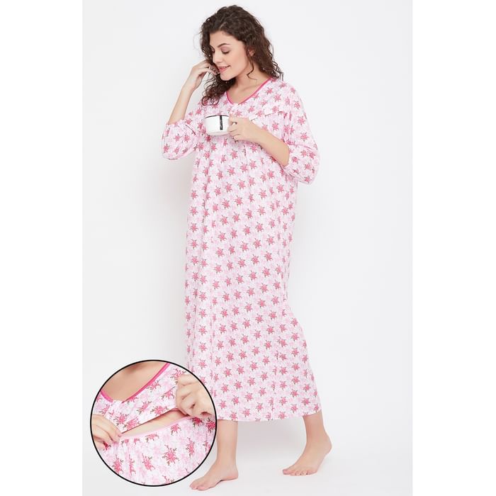 

Clovia Feeding Pretty Florals Long Night Dress in Light Pink - 100% Cotton - NS1333P22