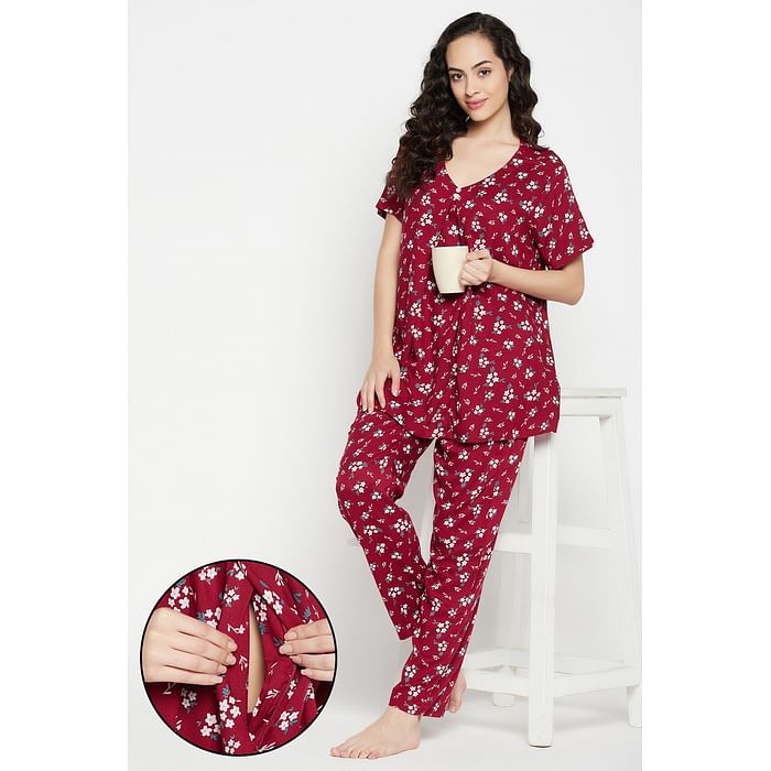 

Clovia Pretty Florals Feeding Top & Pyjama Set in Maroon - Rayon - LS0263P09
