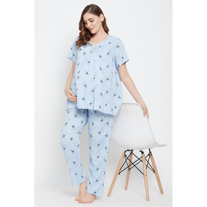 

Clovia Pretty Florals Feeding Top & Pyjama Set in Sky Blue - Rayon - LS0263D03, Light blue