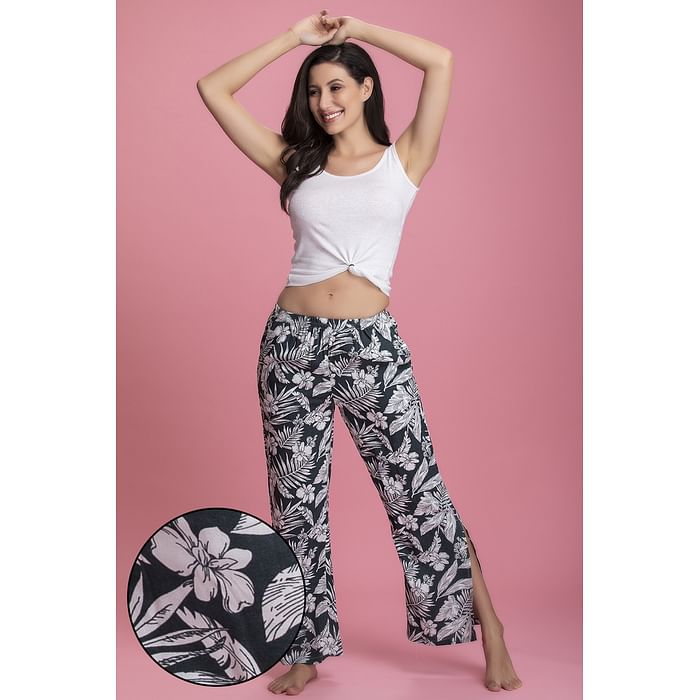 

Clovia Pretty Florals Flared Pyjama in Dark Green with Side Slits - Rayon - RW0042P17