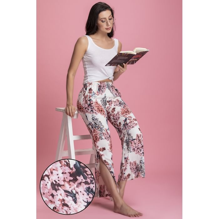 

Clovia Pretty Florals Flared Pyjama in White with Side Slits - Crepe - RW0042P22, Light pink