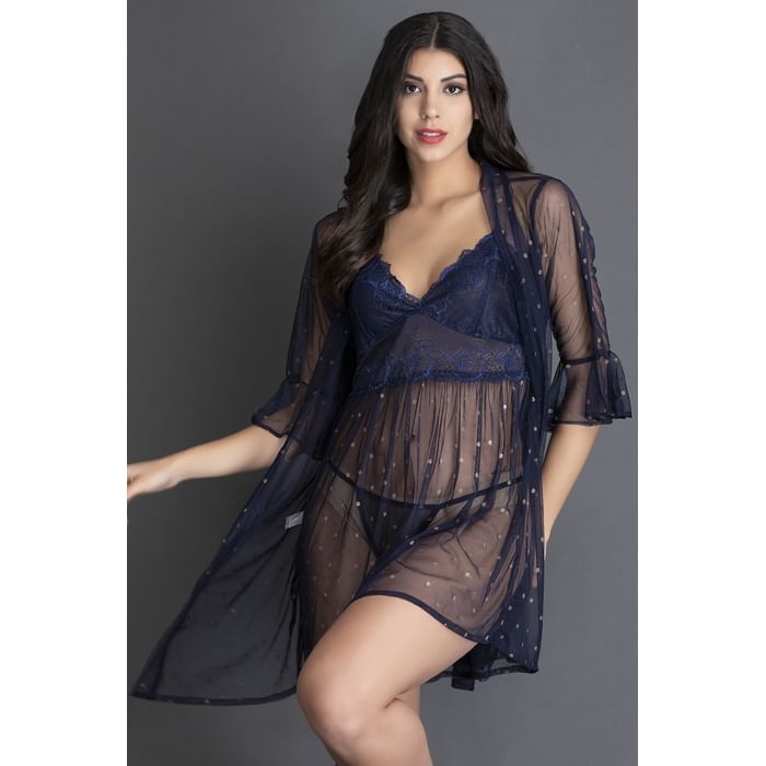 

Clovia Pretty Florals Halter-Neck Babydoll & Robe Set in Blue - Georgette & Lace - NSC385P08, Navy
