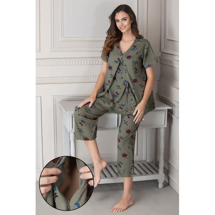 

Clovia Pretty Florals Layered Feeding Top & Pyjama in Olive Green - Rayon - LS0283P17, Dark green