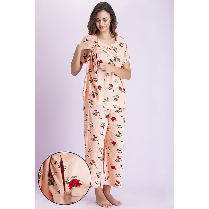 

Clovia Pretty Florals Layered Feeding Top & Pyjama in Peach - Rayon - LS0132R34, Teal