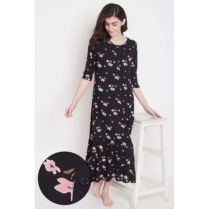 

Clovia Pretty Florals Long Nighty in Black - Cotton Rich - NS1359P13