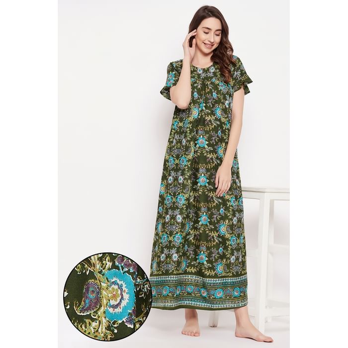 

Clovia Pretty Florals Long Night Dress in Dark Green - Rayon - NS5208P17
