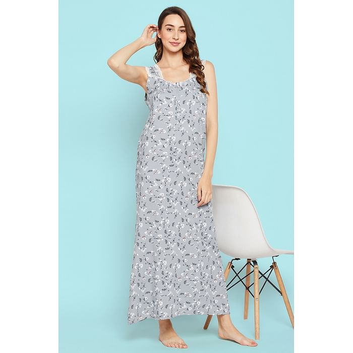 

Clovia Pretty Florals Long Night Dress in Grey - Rayon - NS1483P01, Light grey