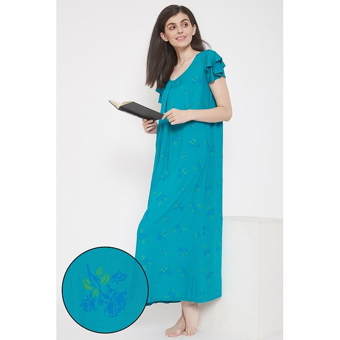 

Clovia Pretty Florals Long Night Dress in Turquoise - Rayon - NS1096E08, Navy