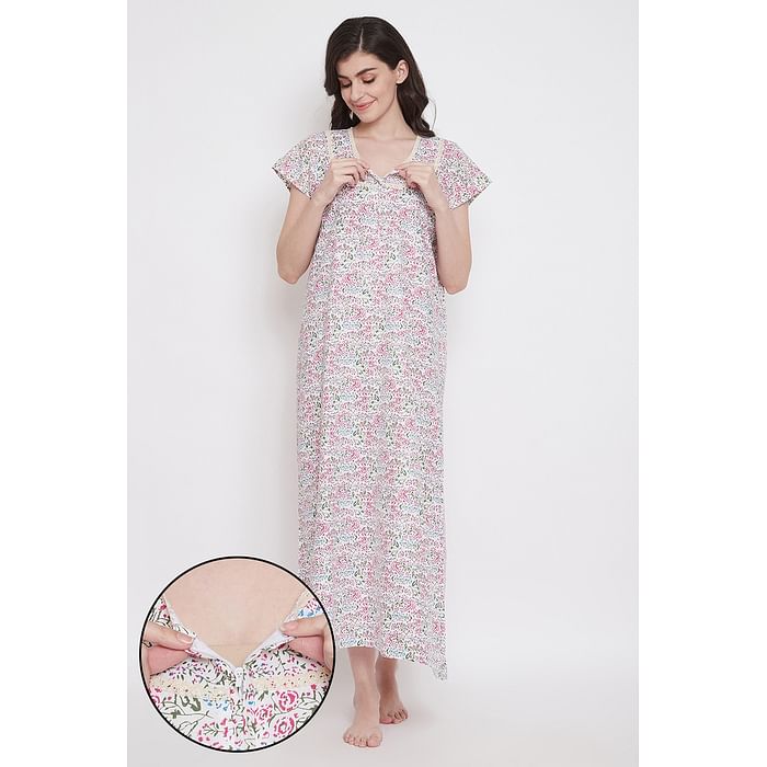 

Clovia Pretty Florals Long Night Dress in Multicolour - 100% Cotton - NS1367P19