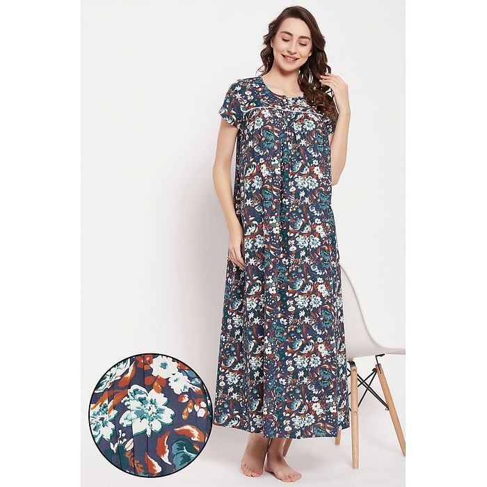 

Clovia Pretty Florals Long Night Dress in Navy - Rayon - NS5203D08